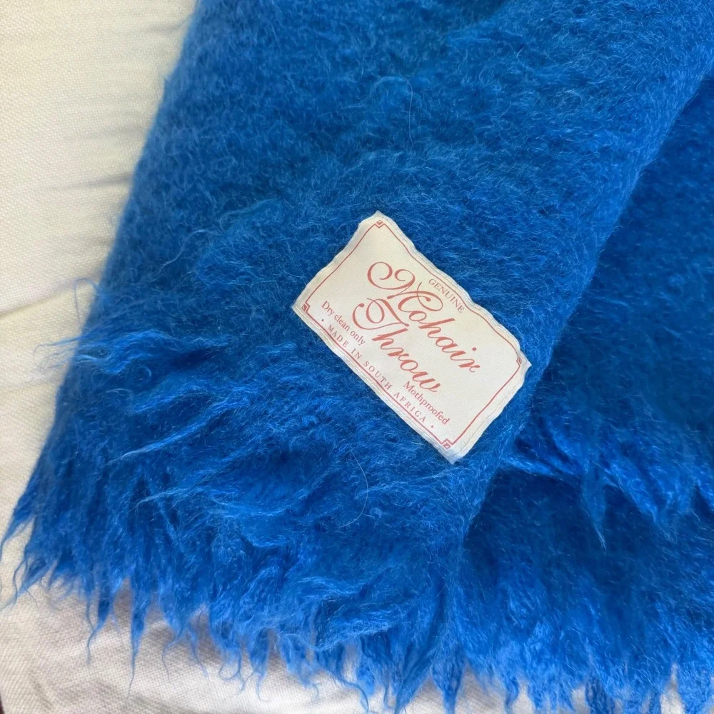 South African Mohair Fringe End Blanket in Blue